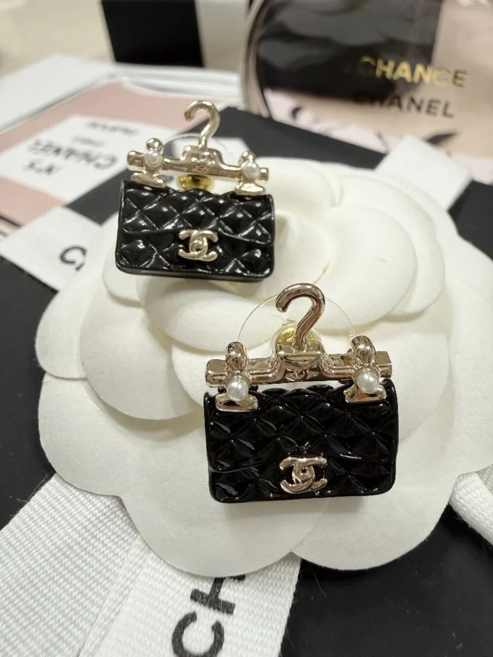 CHANEL Black Quilted Bag Hanger CC Stud Earrings